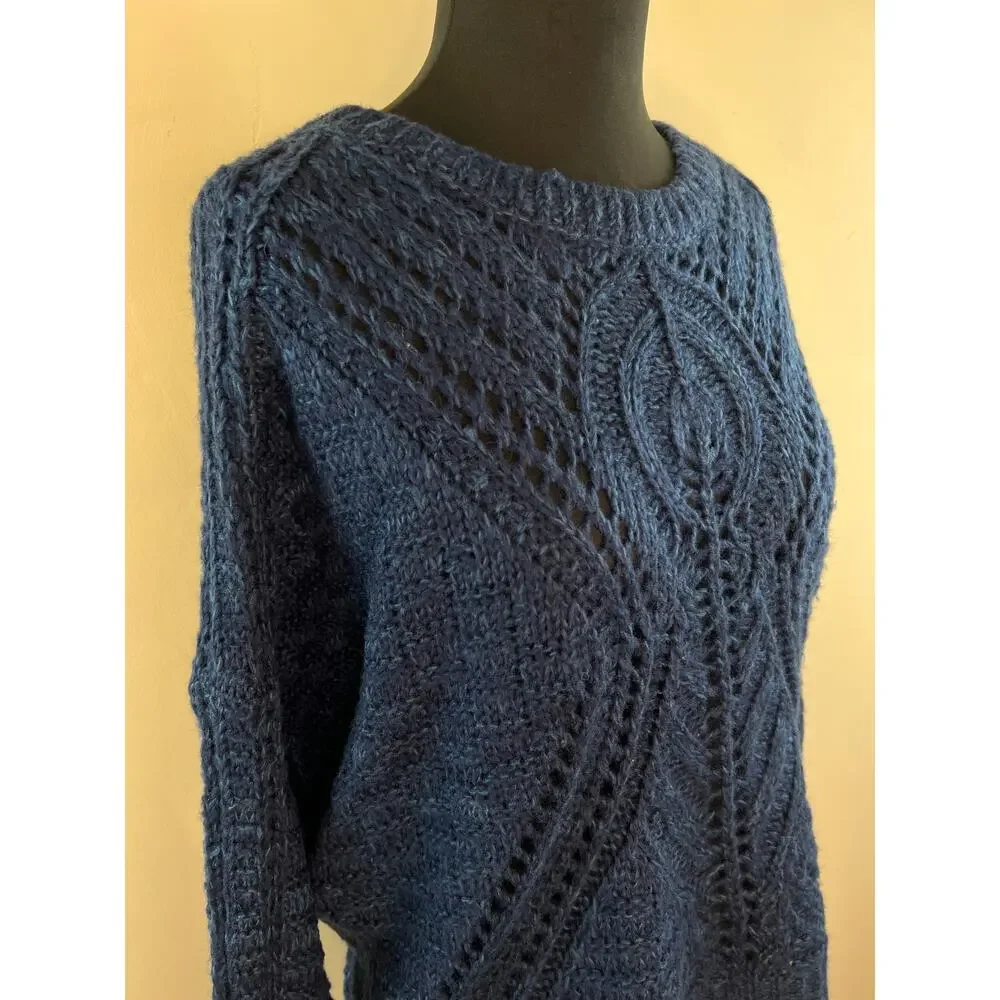 Devoted Blue Crochet Cable Knit Long Sleeve Round Neck Chunky Sweater Size M